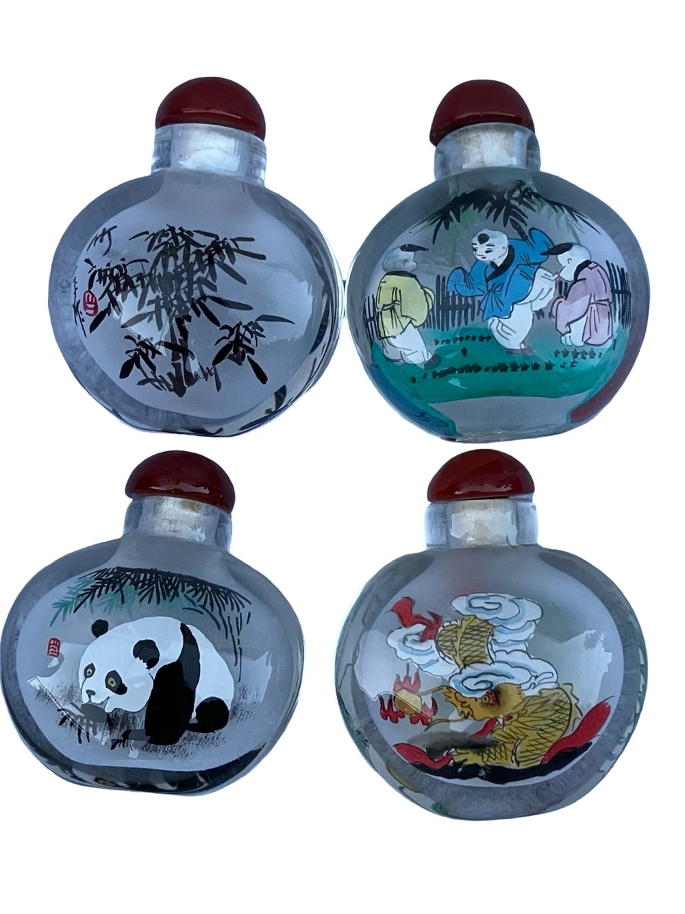 VTG Asian Hand Painted Reverse Snuff Bottle Panda Dragon Bamboo Children 2-sided
